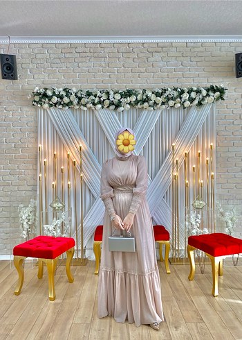 Uzun Pudra Drapeli Tesettür Abiye Elbise - Görsel 3