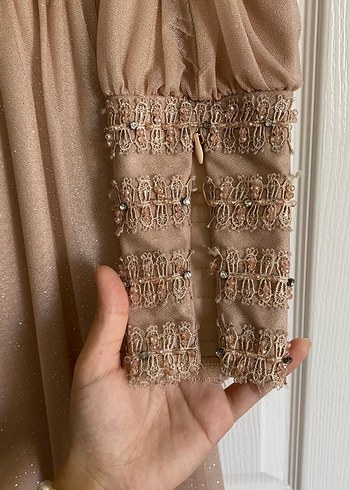 Uzun Pudra Drapeli Tesettür Abiye Elbise - Görsel 9