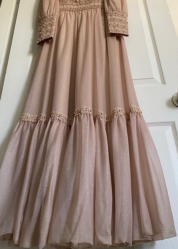 Uzun Pudra Drapeli Tesettür Abiye Elbise - Görsel 5