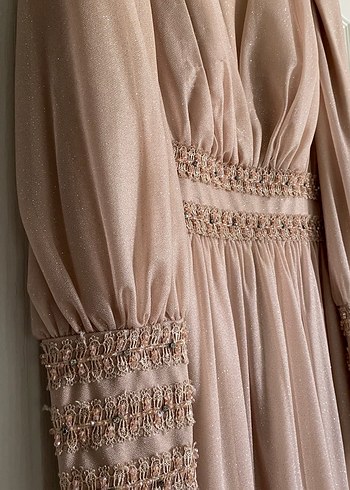 Uzun Pudra Drapeli Tesettür Abiye Elbise - Görsel 6