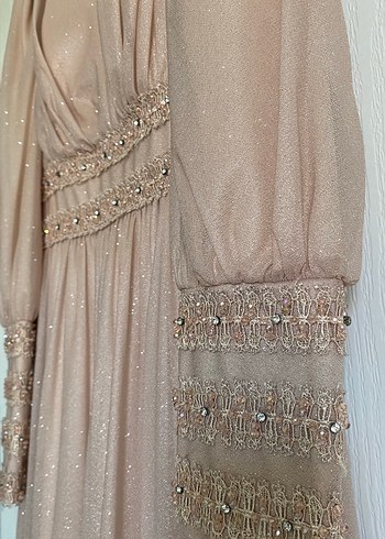 Uzun Pudra Drapeli Tesettür Abiye Elbise - Görsel 7