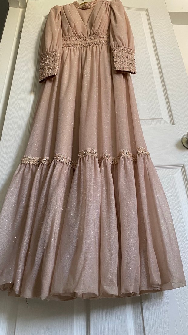 Uzun Pudra Drapeli Tesettür Abiye Elbise - Görsel 5