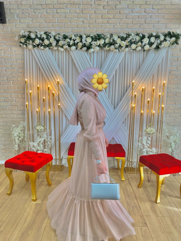 Uzun Pudra Drapeli Tesettür Abiye Elbise - Görsel 2