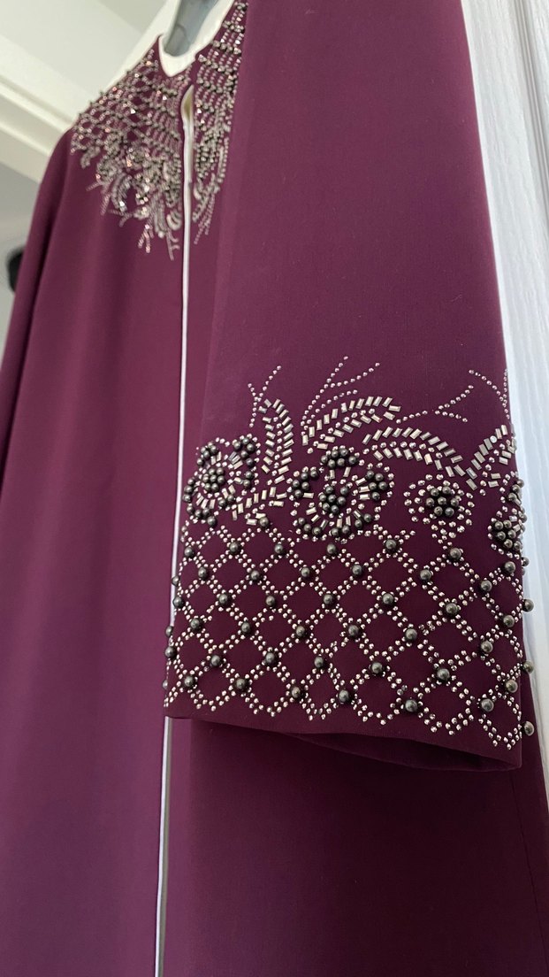 Bordo Nakışlı Uzun Kollu Kadın Kaftan - Görsel 2