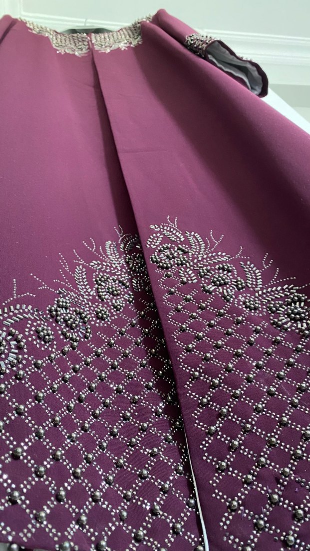 Bordo Nakışlı Uzun Kollu Kadın Kaftan - Görsel 3