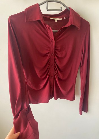 Bordo V Yaka Uzun Kollu Düğmeli Kadın Gömlek - Görsel 2