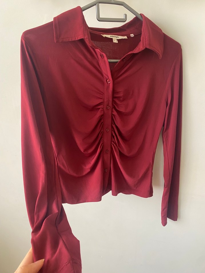 Bordo V Yaka Uzun Kollu Düğmeli Kadın Gömlek - Görsel 2