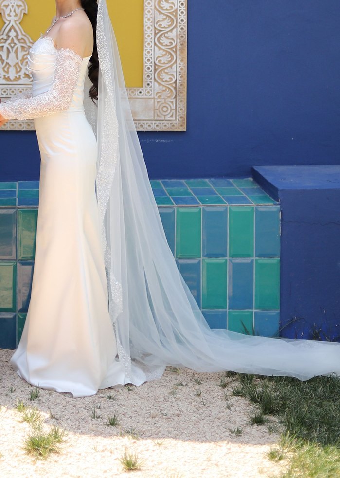 Dantel Kollu Straplez  Saten Gelinlik - Görsel 3