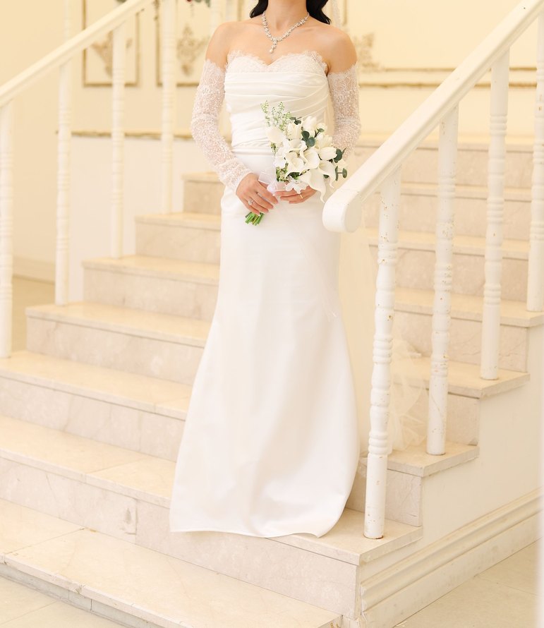 Dantel Kollu Straplez  Saten Gelinlik - Görsel 2