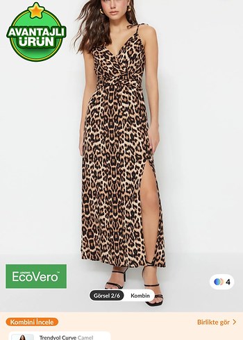 Leopar Desenli İnce Askılı Uzun Elbise