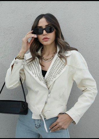 Diğer Havoş Bej yakası taşlı Detaylı Kadın tasarım Denim Ceket
