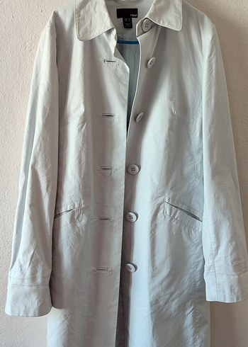 Düğmeli buz maviKeten Midi Trençkot - Görsel 2