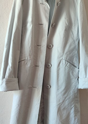 Düğmeli buz maviKeten Midi Trençkot - Görsel 4