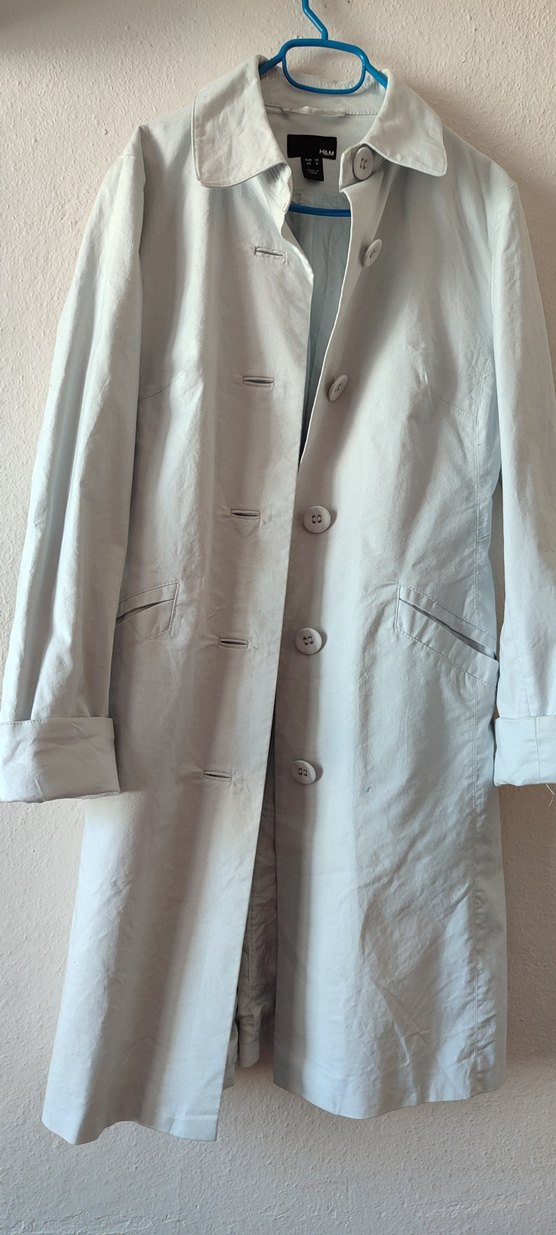 Düğmeli buz maviKeten Midi Trençkot - Görsel 4