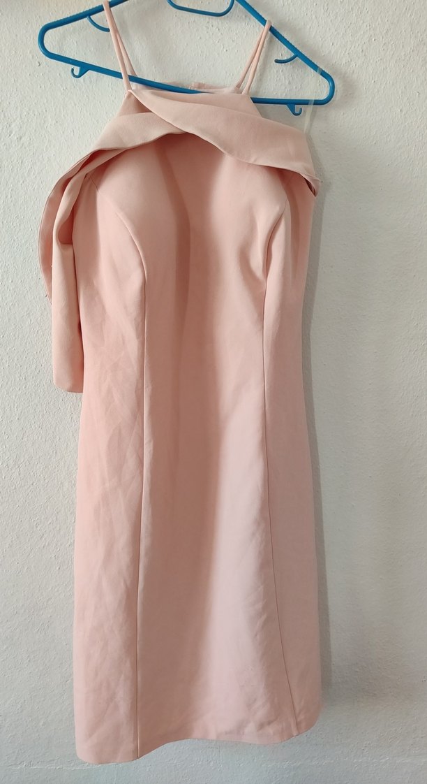 Pudra Renk Drapeli Straplez Midi Elbise - Görsel 4