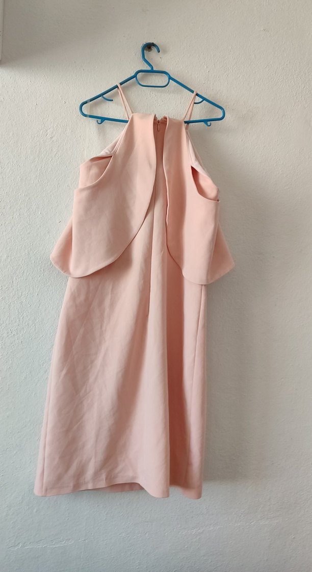 Pudra Renk Drapeli Straplez Midi Elbise - Görsel 3