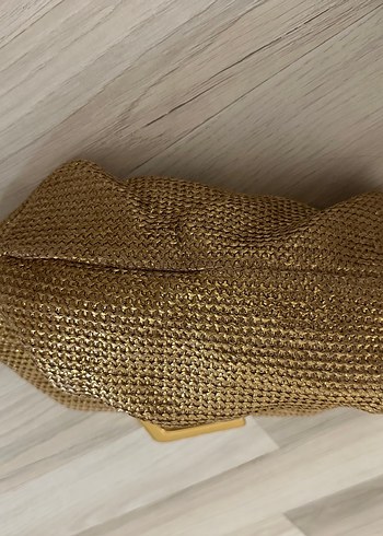 Altın Renkli Kadın Keten Clutch Çanta - Görsel 5