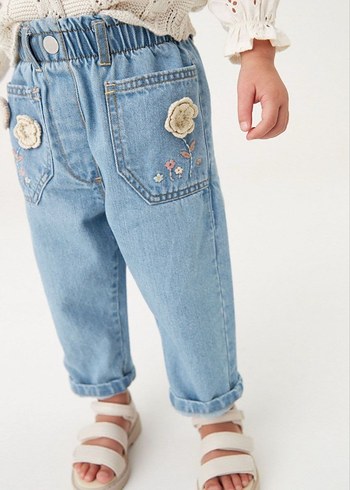 Nakışlı Düğmeli Kız Denim Pantolon