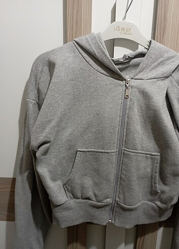 Crop top hırka gri oversize salaş sweatshirt kanguru fermuarlı k