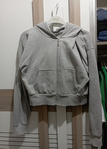 xl Beden gri Renk Crop top hırka gri oversize salaş sweatshirt kanguru fermuarlı k