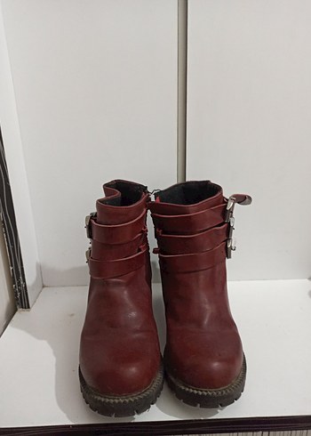 36 Beden Bordo Deri Kadın Bot, Tokalı, Kalın Topuklu