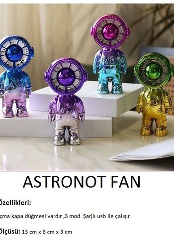 Renkli Astronot Figür Fanı USB Şarjlı