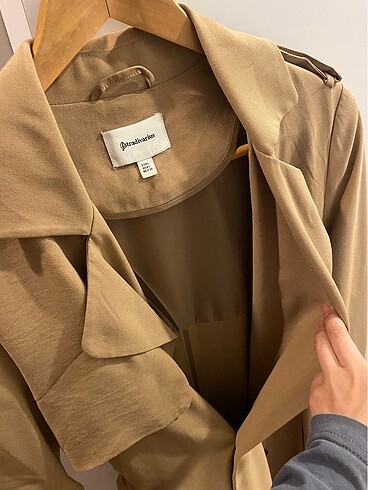 l Beden camel Renk Stradivarius uzun trench kot krem ceket