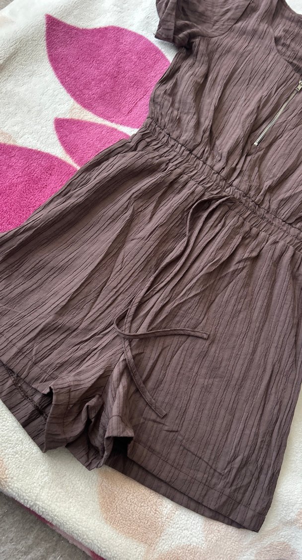 Kahverengi Keten Kadın Tulum - Görsel 3