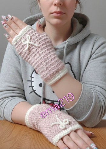 Pembe Örgü Bayan Eldiven - Görsel 3