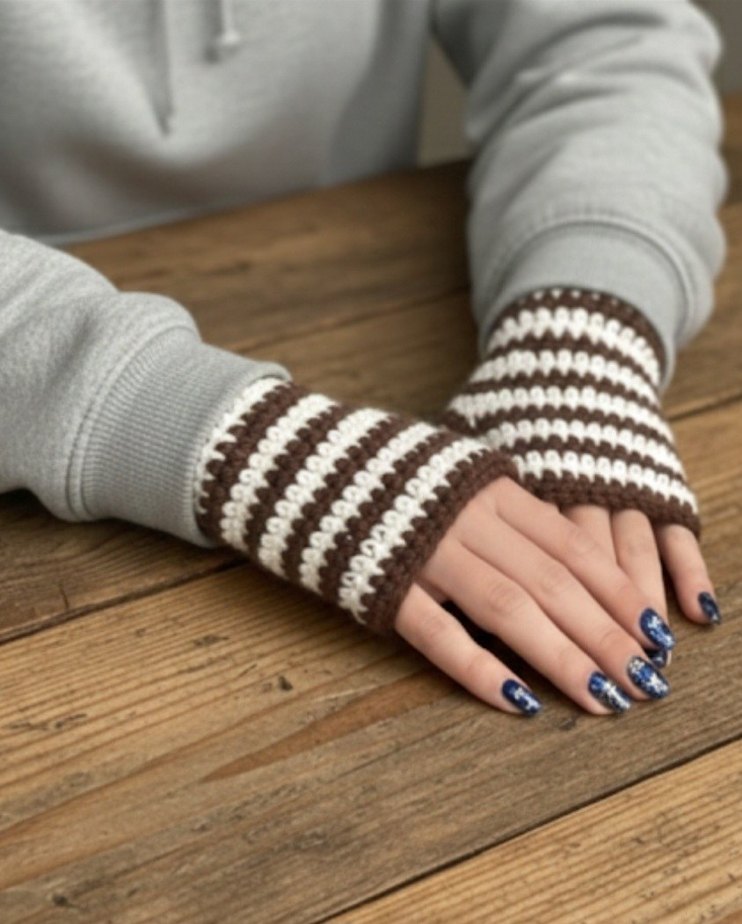 Kahverengi Beyaz Çizgili Örgü Eldiven - Görsel 2