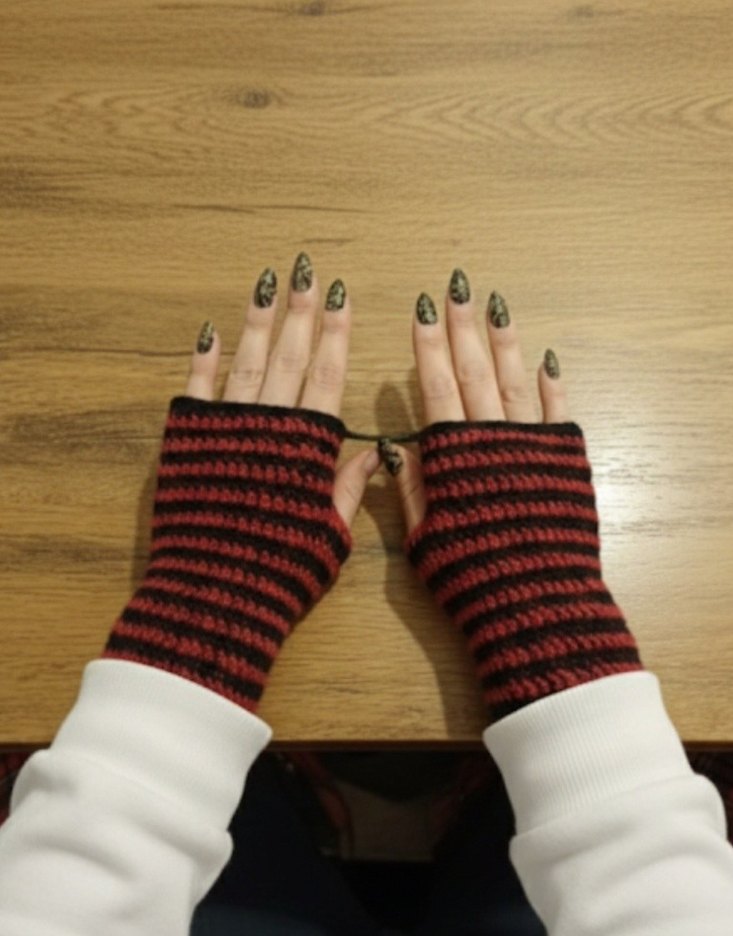 Kırmızı Siyah Çizgili Örgü Parmaksız Eldiven - Görsel 2