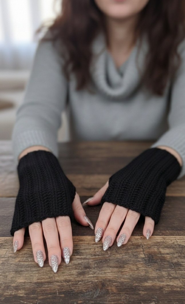 Siyah Örgü Parmaksız Eldiven - Görsel 2