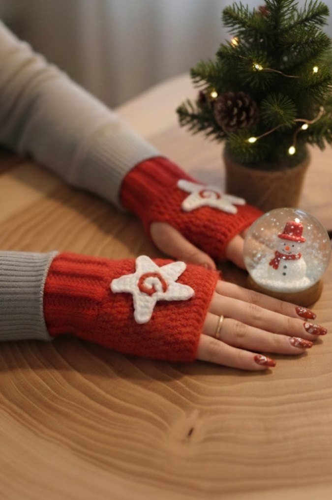 Kırmızı Örgü Kadın Eldiven - Görsel 2