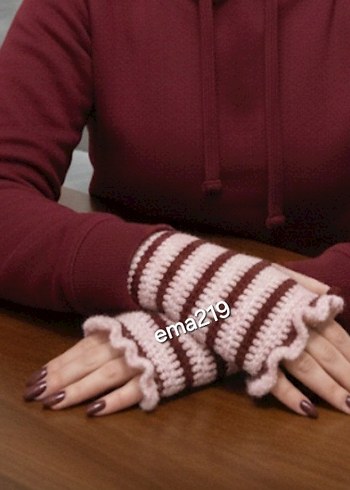 Bordo Çizgili Örgü Kadın Eldiven - Görsel 2