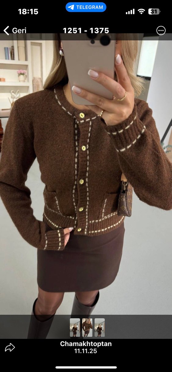 Düğmeli Kahverengi Nakışlı Kadın Hırka - Görsel 3