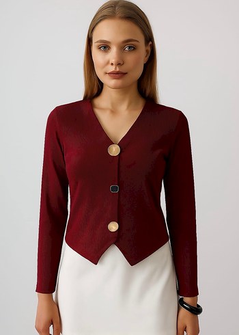 Düğmeli Siyah Kısa Kadın Bluz - Görsel 2