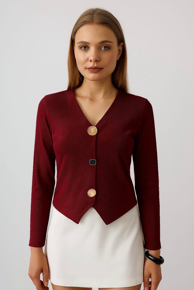 Düğmeli Siyah Kısa Kadın Bluz - Görsel 2