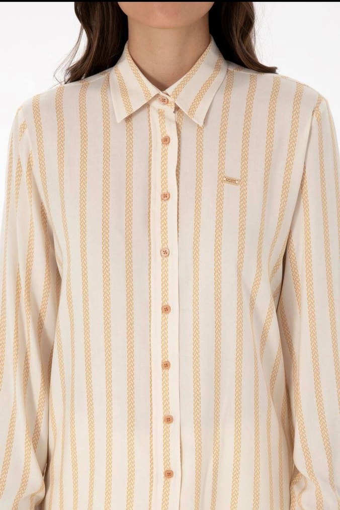 Bej Çizgili Uzun Kollu Kadın Gömlek us Polo ORJİNAL - Görsel 2