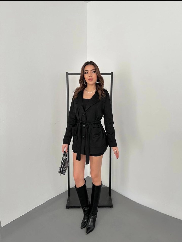 Kemerli Siyah Mini süet Kadın Blazer - Görsel 4