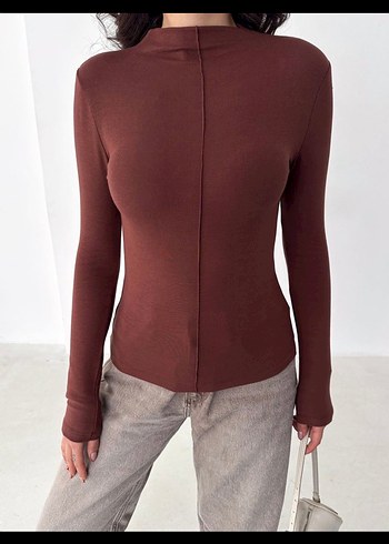 Bordo Yüksek Yaka Uzun Kollu Kadın Bluz - Görsel 2