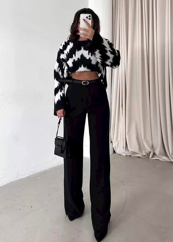 Kadın Siyah Yün Kemerli Geniş Paça Pantolon - Görsel 3