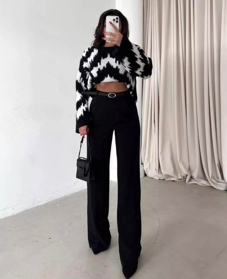 Kadın Siyah Yün Kemerli Geniş Paça Pantolon - Görsel 3