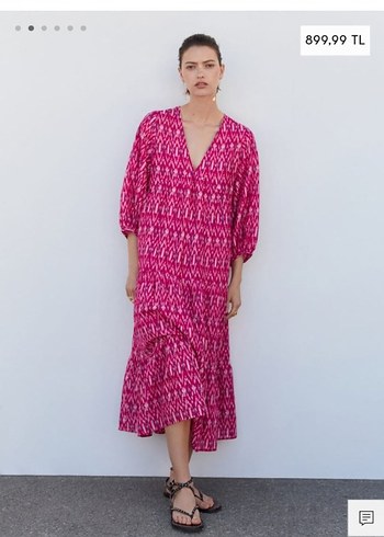 mango Pembe V Yakalı Bol Kesim Uzun Elbise