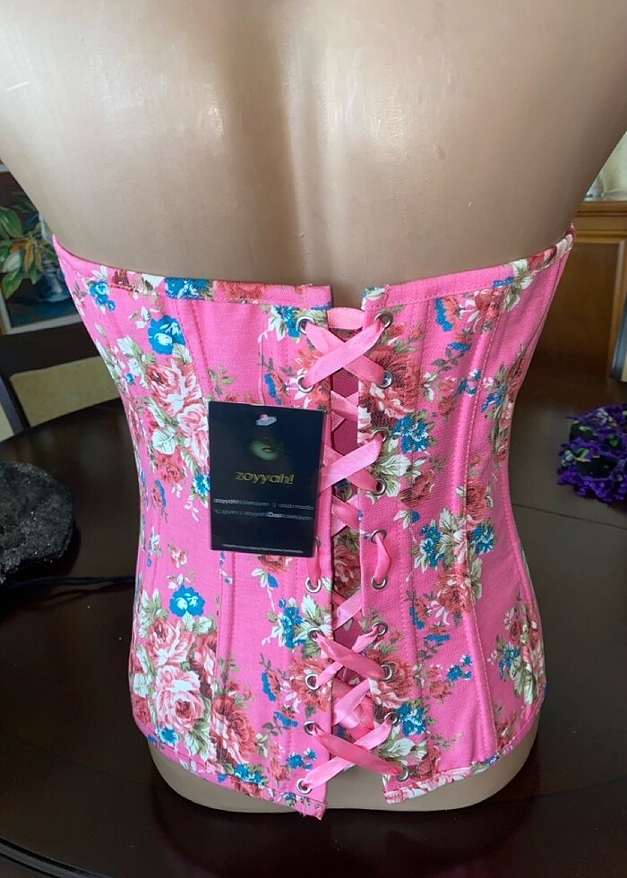 Korse büstiyer pembe çiçek detaylı önden fermuar - Görsel 4