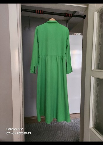 Defacto Düğmeli Yeşil Uzun Keten Elbise