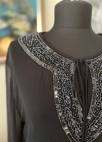 Zara Boncuk İşlemeli Siyah Uzun Kollu Bohem Tunik