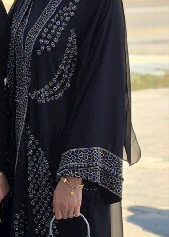 Abiye İnci İşlemeli Siyah Uzun Kadın Abaya 4 parça