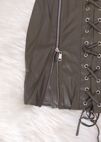 Etika Kadın Haki Deri Mini Etek - Görsel 2