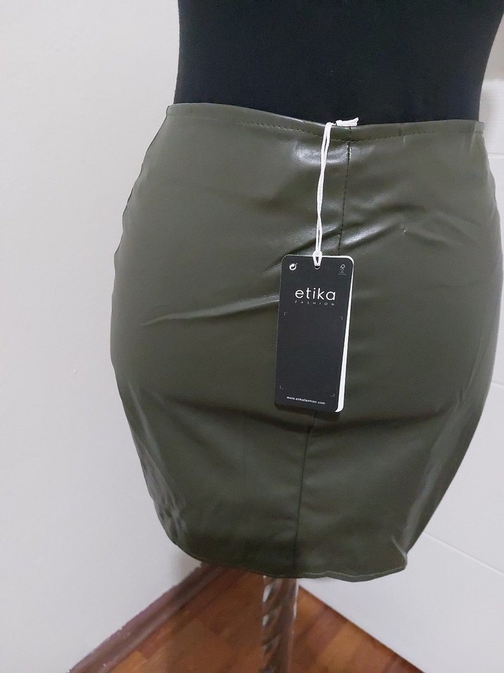 Etika Kadın Haki Deri Mini Etek - Görsel 3