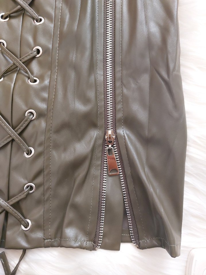 Etika Kadın Haki Deri Mini Etek - Görsel 5